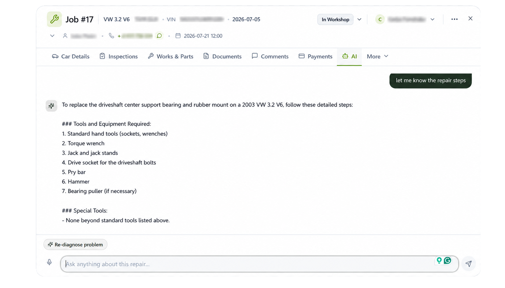 Job card with AI Repair Assistant panel