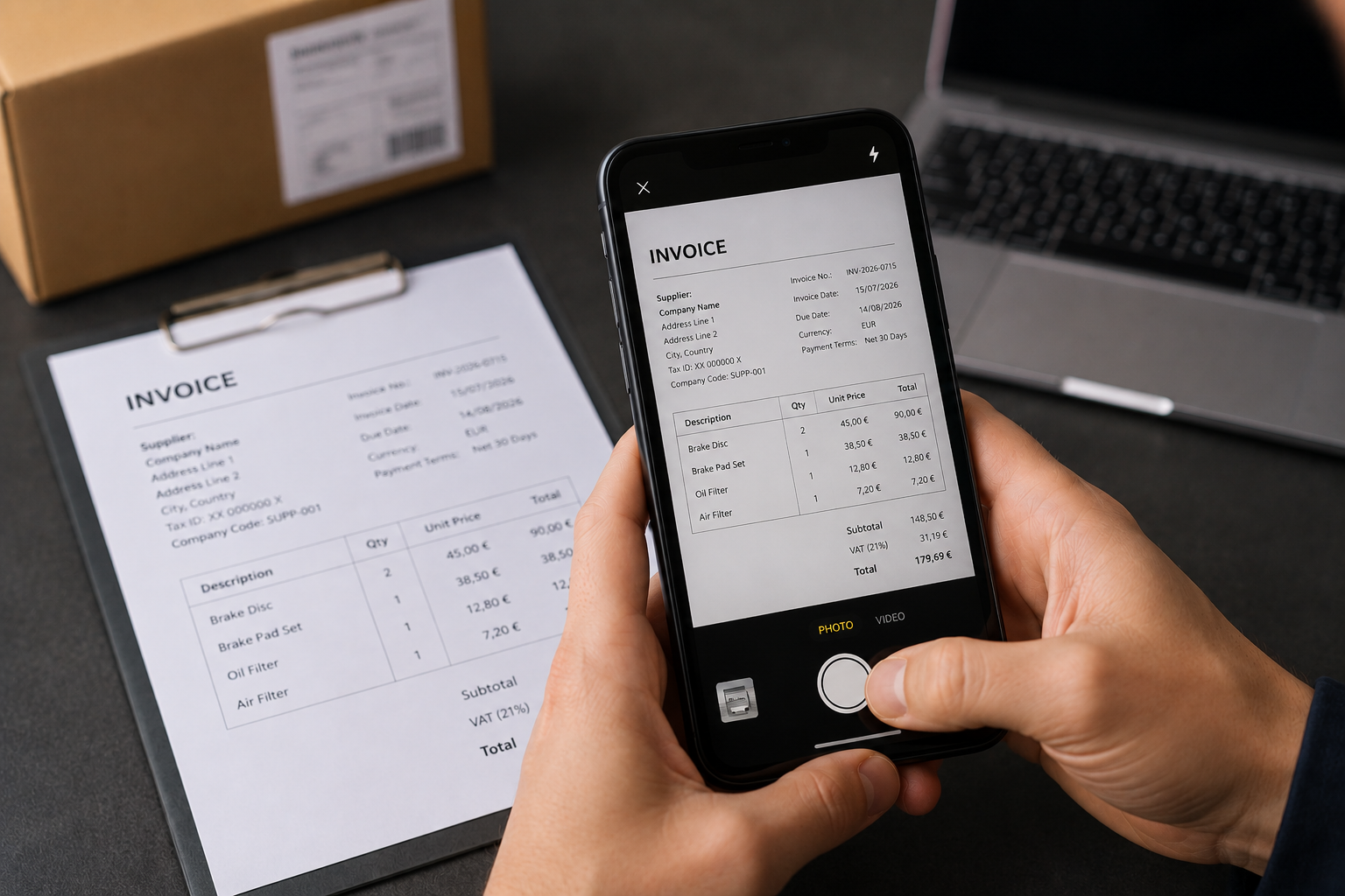 Supplier invoice photographed and extracted into structured fields