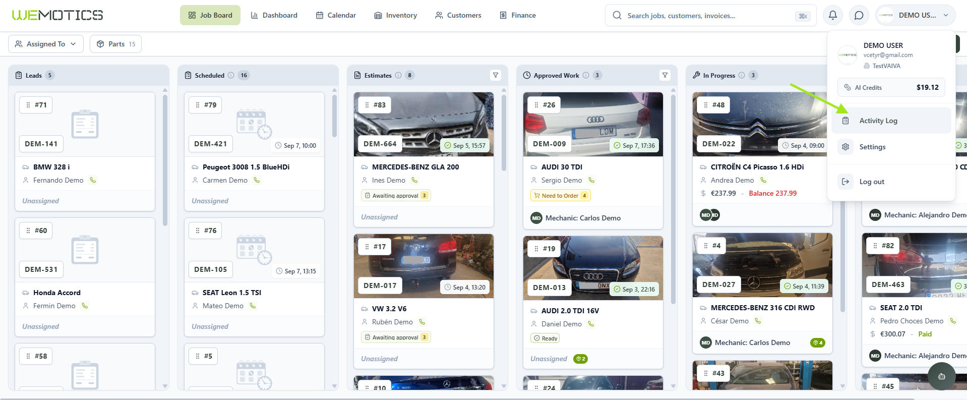 Wemotics user menu with the Activity Log item highlighted