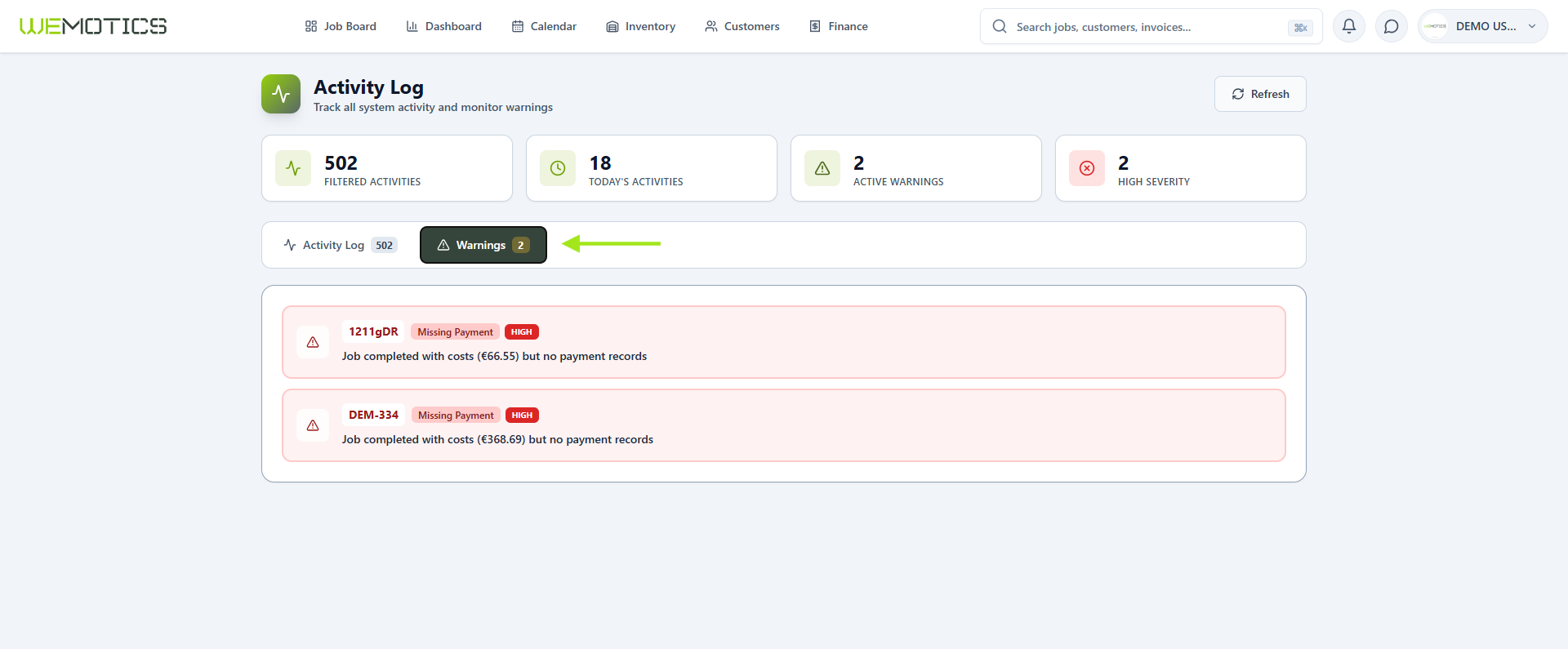Activity Log Warnings tab with Missing Payment warnings