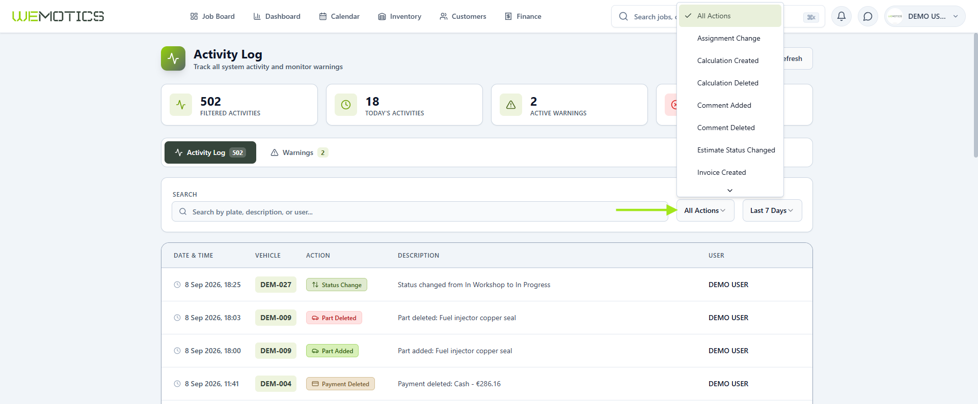 Activity Log Action Type filter with the expanded list of actions