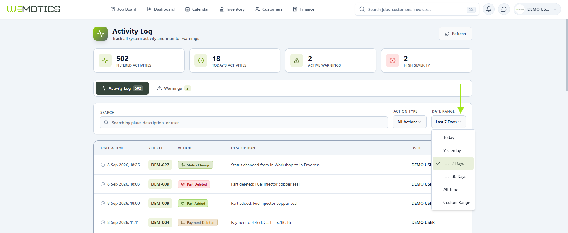Activity Log Date Range filter with the expanded period options