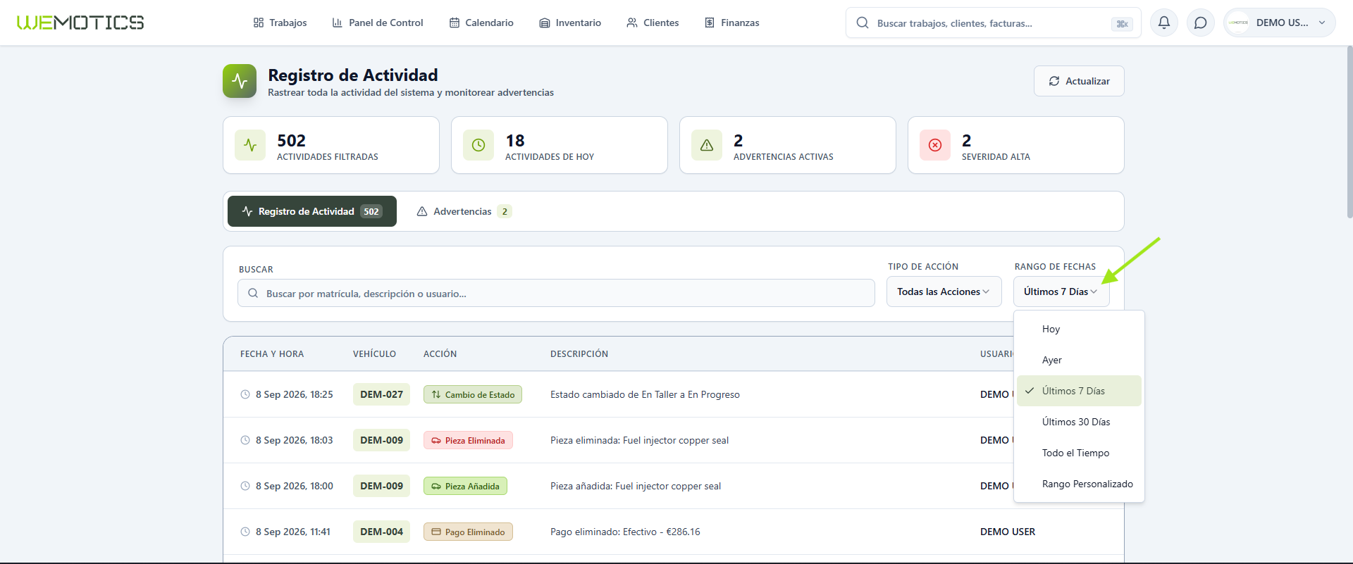 Filtro Rango de Fechas del Registro de Actividad con las opciones desplegadas