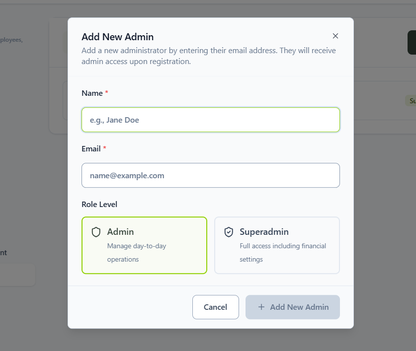Add New Admin dialog with name, email and role level fields
