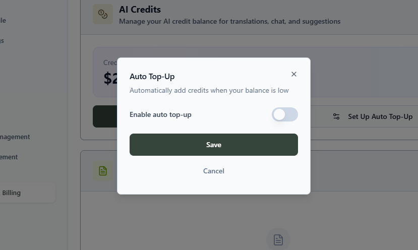Auto Top-Up dialog with the enable auto top-up toggle