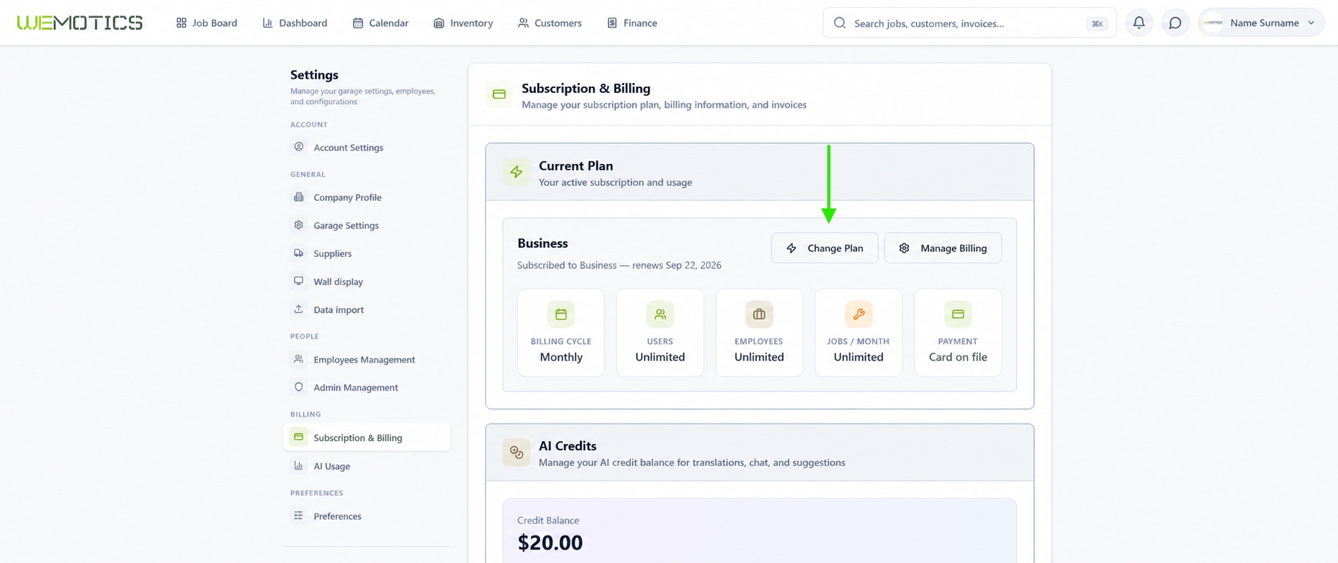 Subscription & Billing screen highlighting the Change Plan button
