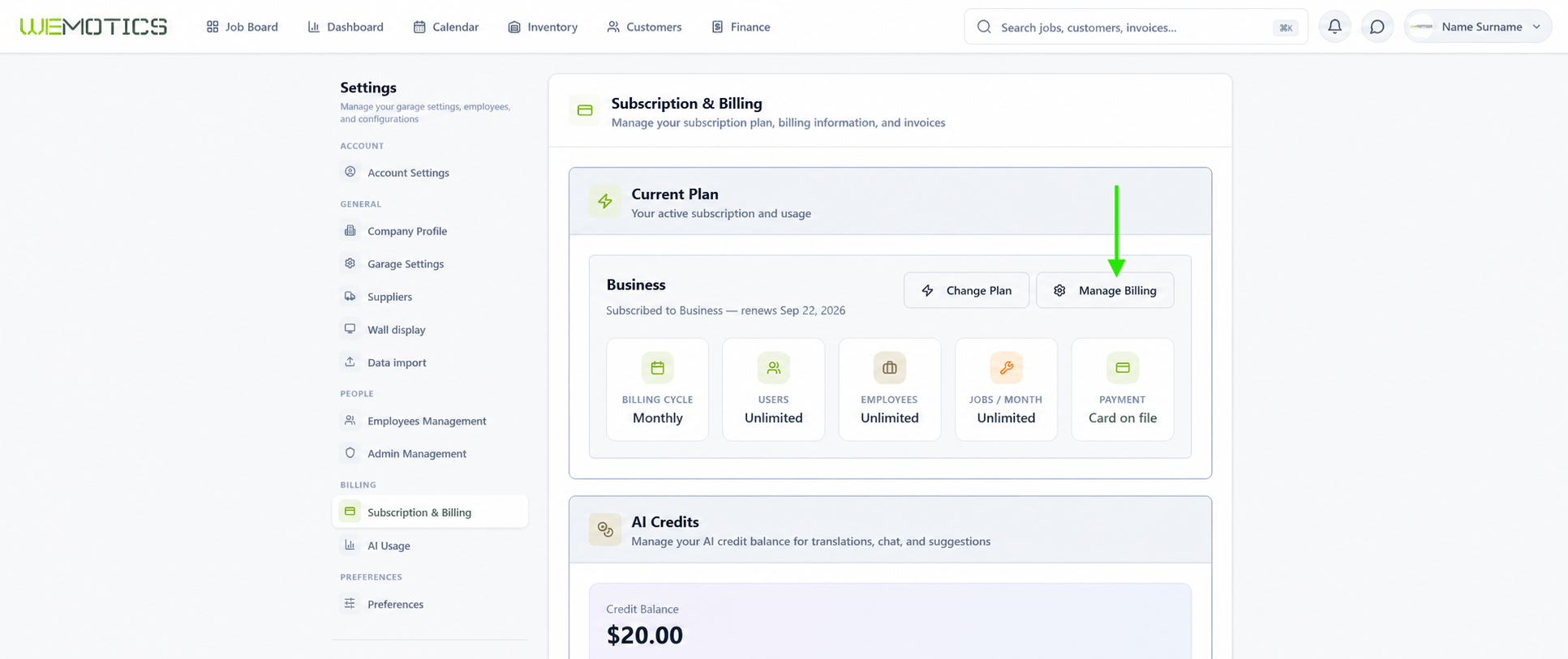 Subscription & Billing screen highlighting the Manage Billing button