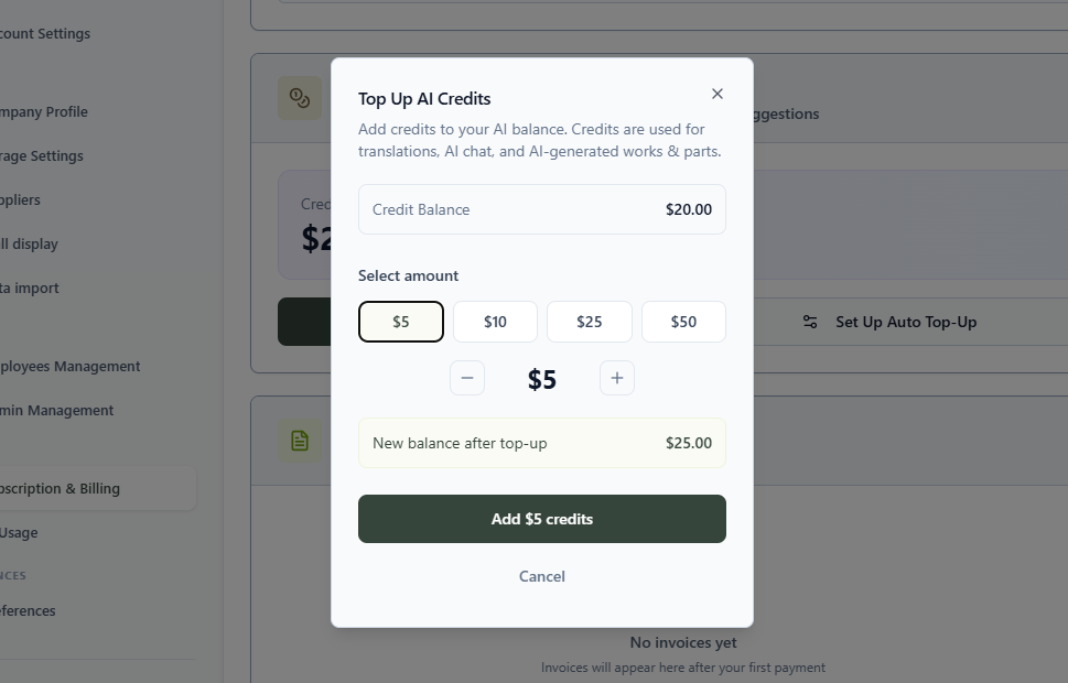 Top Up AI Credits dialog with amount selection and new balance preview