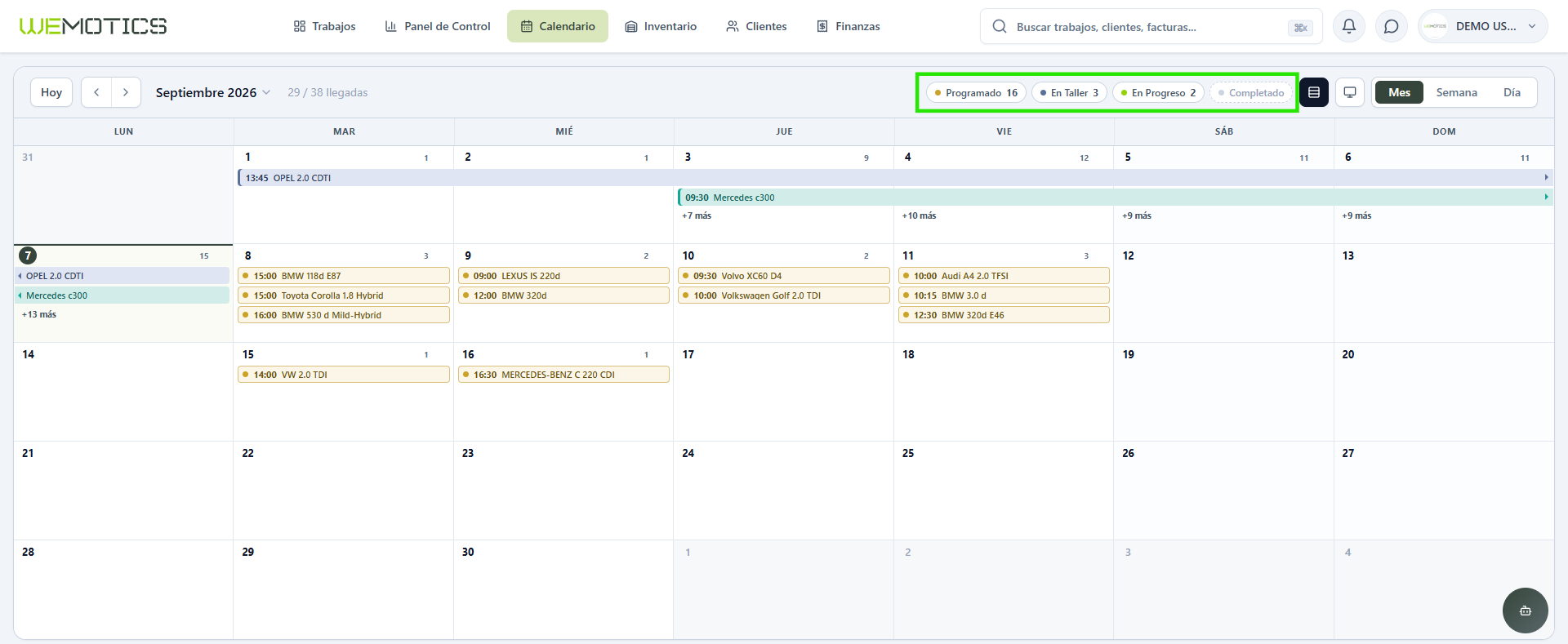 Filtros de estado del Calendario: Programado, En Taller, En Progreso, Completado