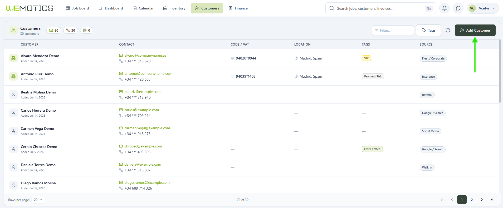 Add Customer button above the Wemotics customer list