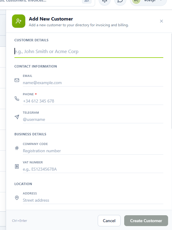 Add New Customer form showing customer details, contact information and business details
