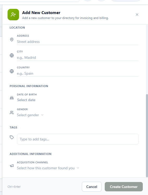 Add New Customer form showing location, personal information, tags and acquisition channel