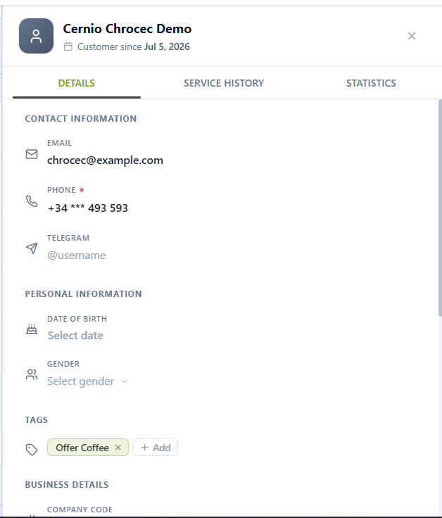 Customer profile Details tab showing contact, personal information, tags and business details