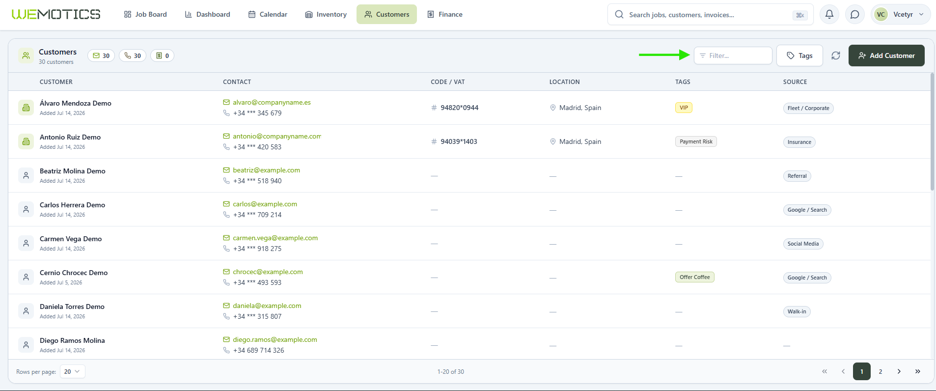 Filter field above the Wemotics customer list
