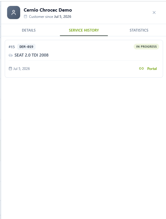 Customer profile Service History tab showing a job with vehicle, status and portal link