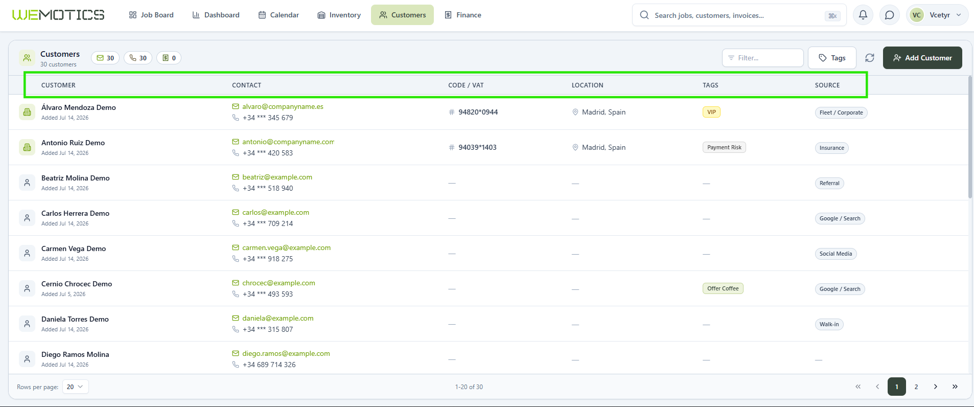 Wemotics Customers list showing customer, contact, code/VAT, location, tags and source columns