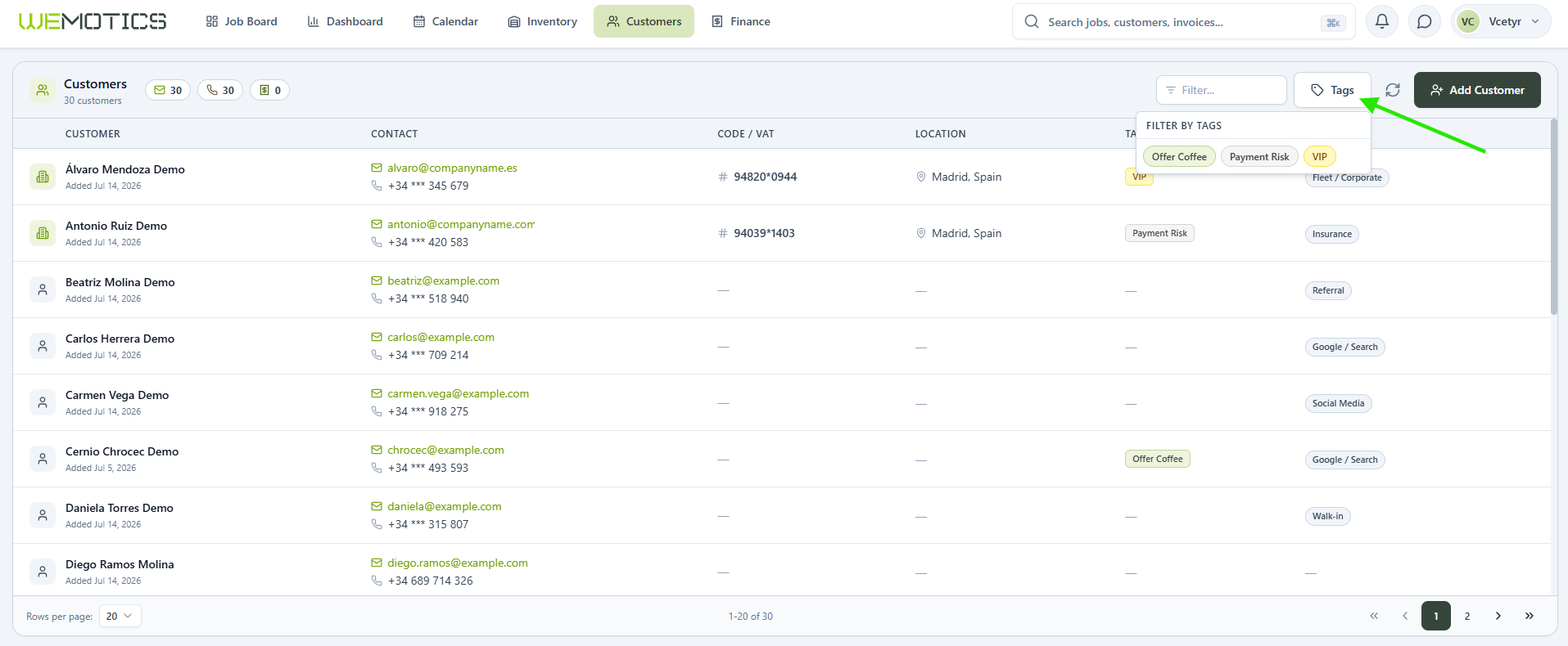Filter by tags dropdown showing Offer Coffee, Payment Risk and VIP tags