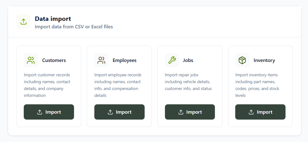 Data import panel with Customers, Employees, Jobs and Inventory cards