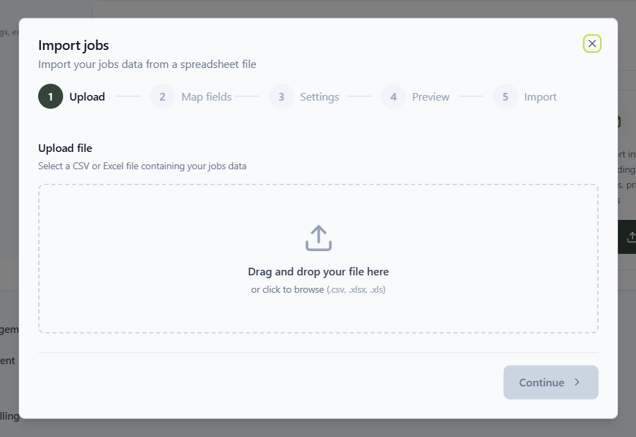 Import jobs wizard showing the Upload step with a drag and drop area