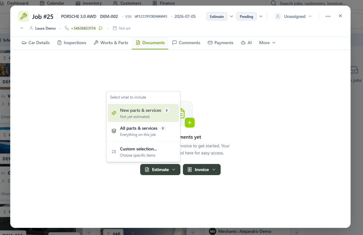 Select what to include menu with New parts & services, All parts & services and Custom selection