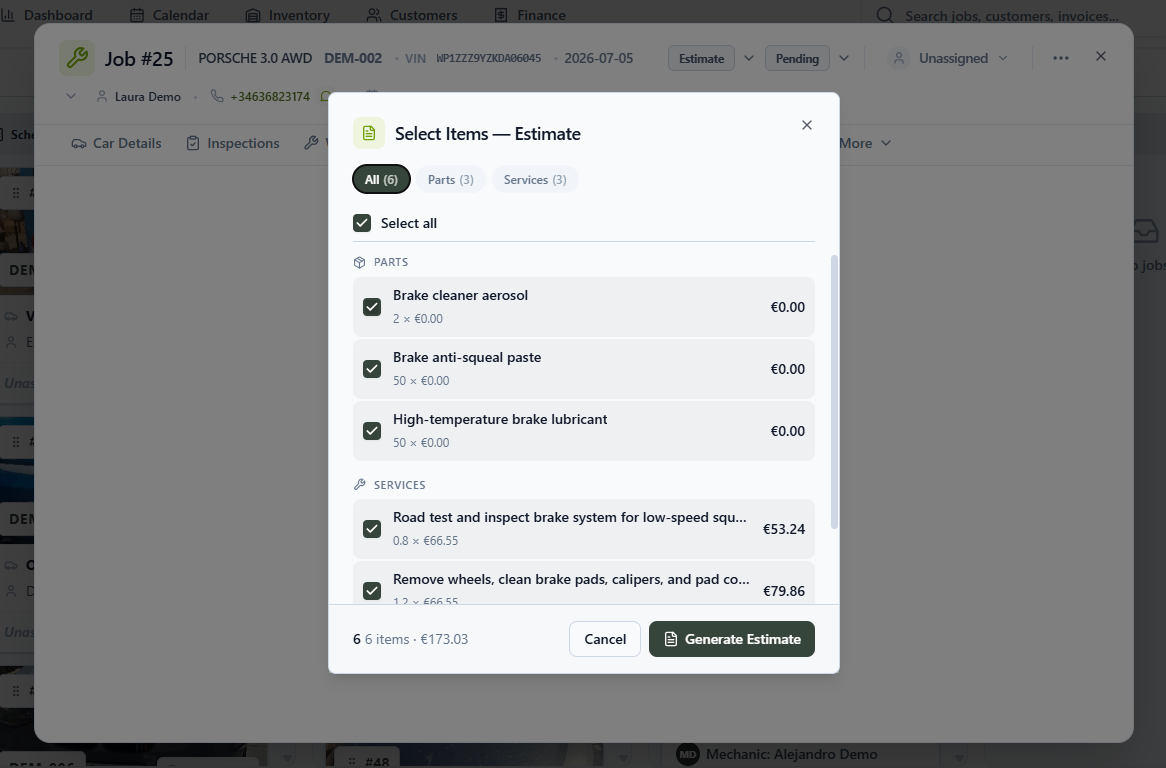 Select Items — Estimate dialog with parts and services and the Generate Estimate button