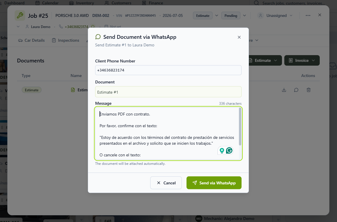 Send Document via WhatsApp dialog with the customer phone number and message