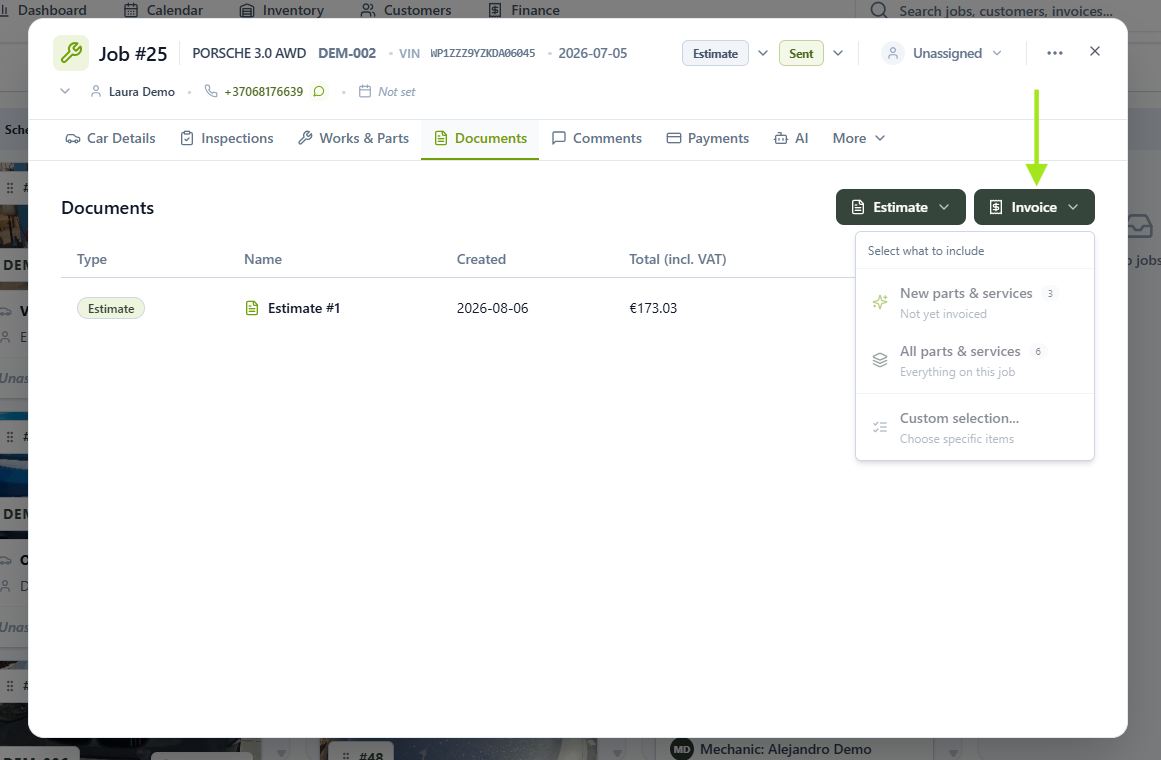Documents tab with the Invoice dropdown open showing the select what to include options