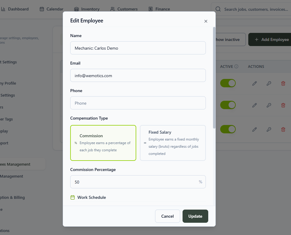 Employee commission settings