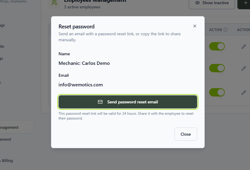 Employee password reset dialog