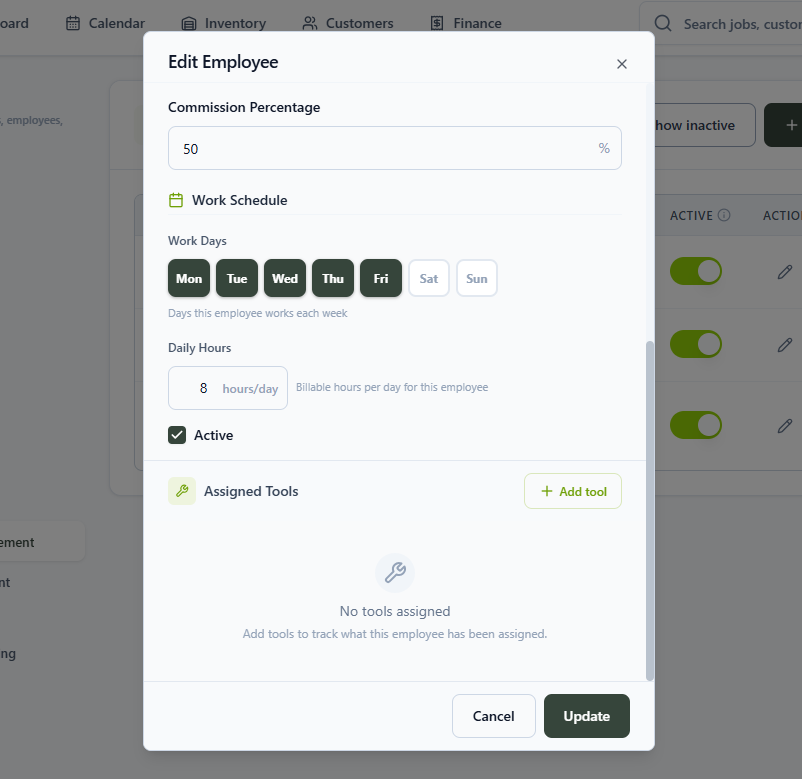 Employee work schedule and assigned tools
