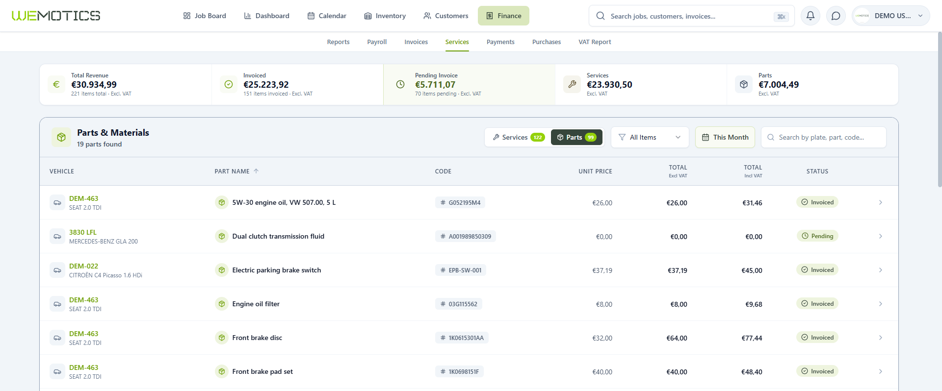 Parts and Materials list showing vehicle, part name, code, unit price, totals and status