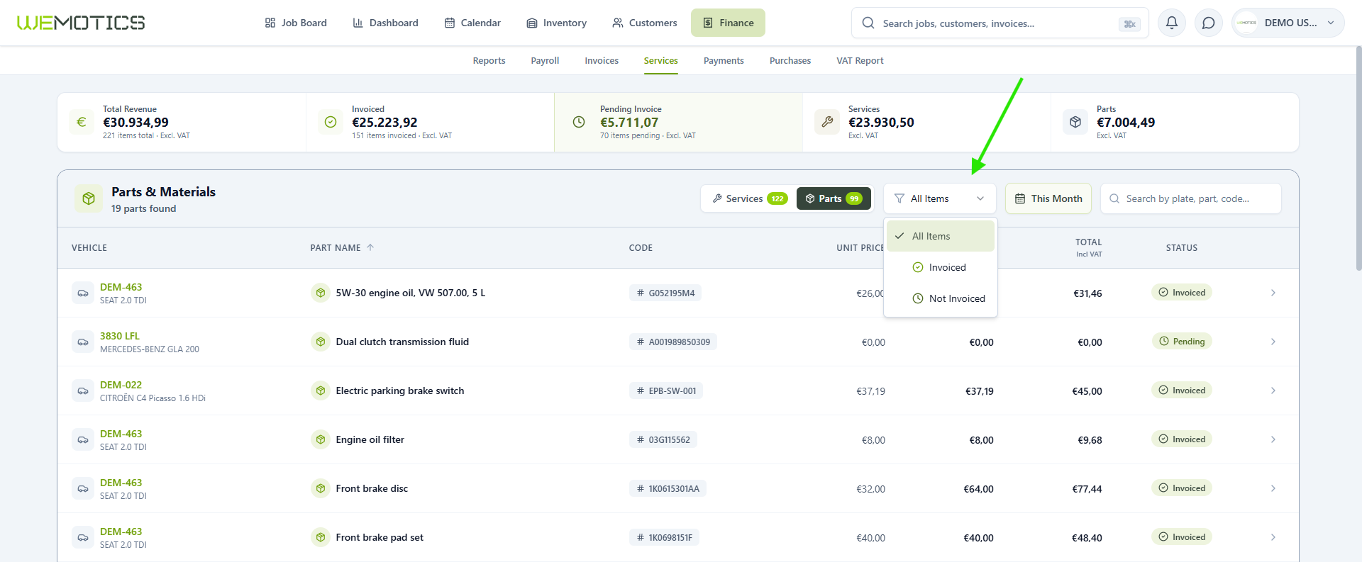 Invoice status filter dropdown with All Items, Invoiced and Not Invoiced options