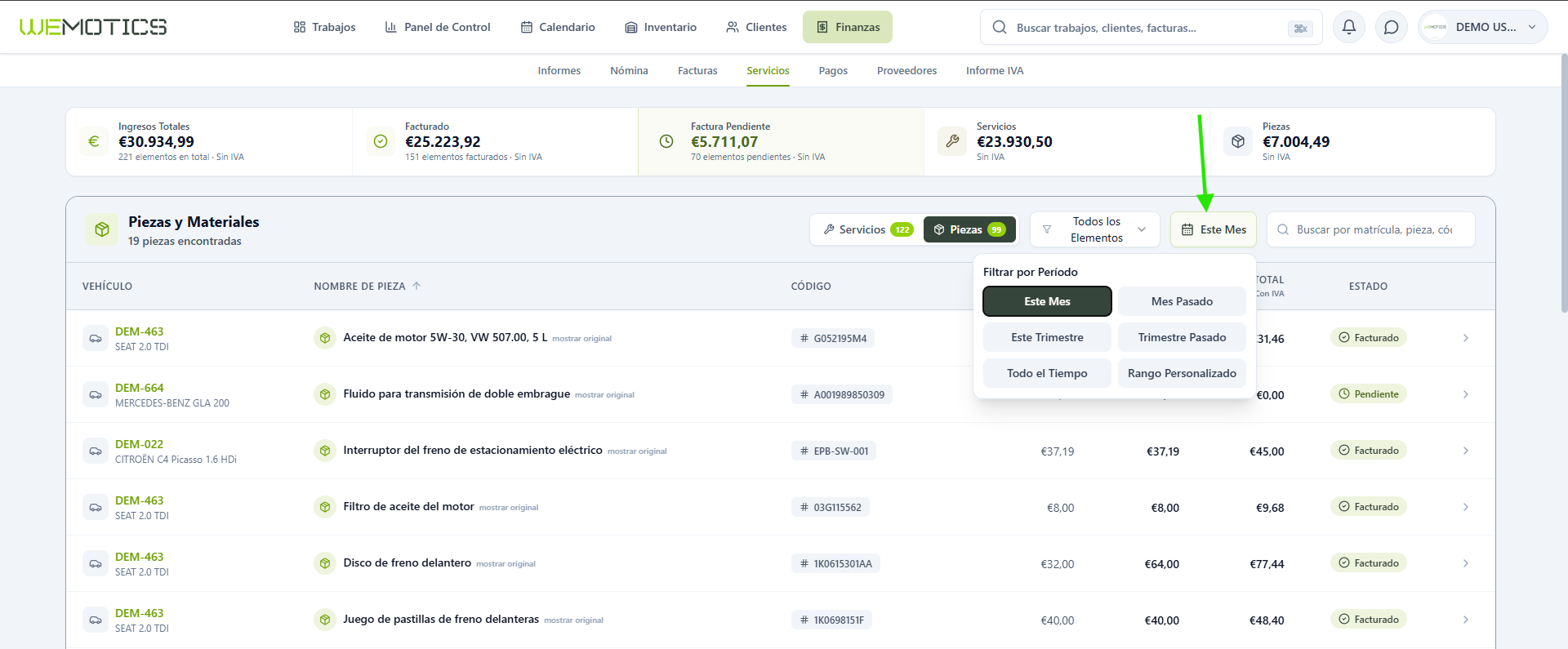 Filtrar por Período con Este Mes, Mes Pasado, Este Trimestre, Trimestre Pasado, Todo el Tiempo y Rango Personalizado