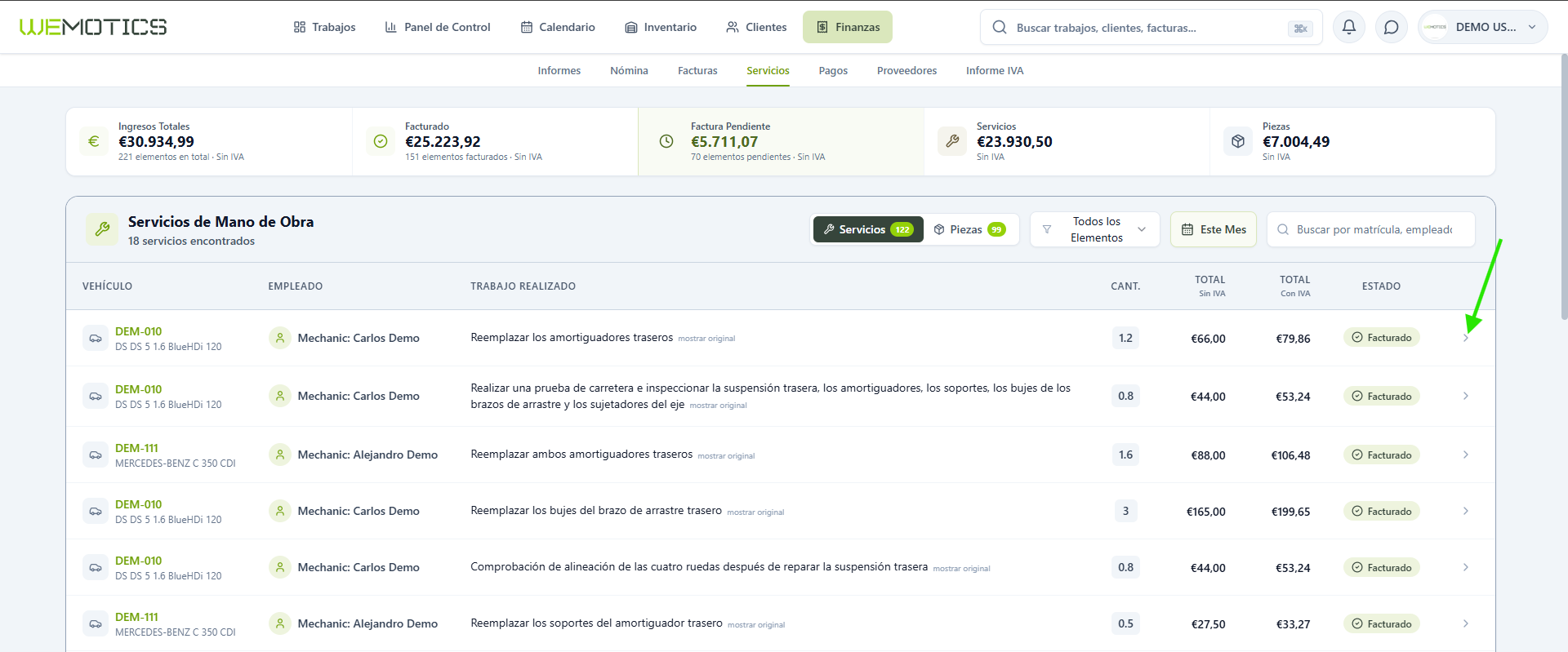 Tabla de Servicios de Mano de Obra con la flecha que abre la orden de trabajo asociada