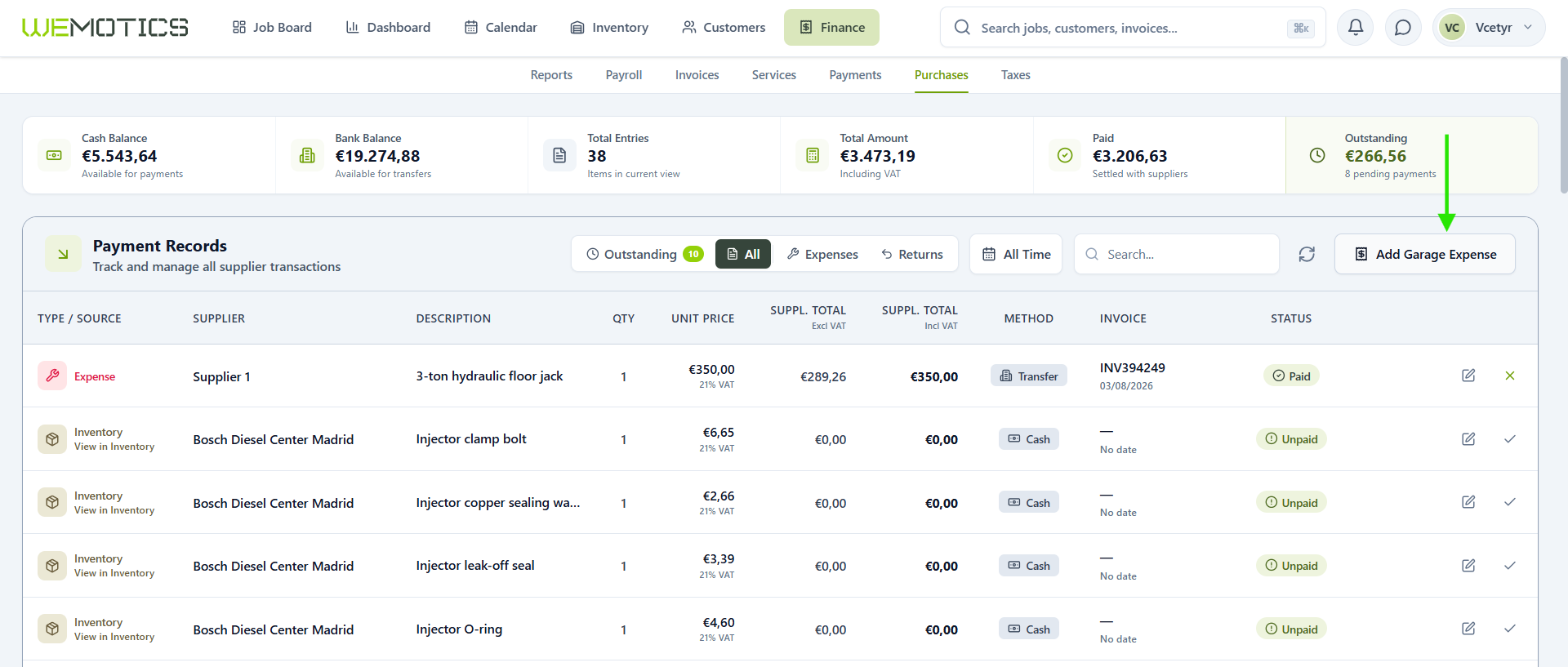 Purchases page with the Add Garage Expense button highlighted