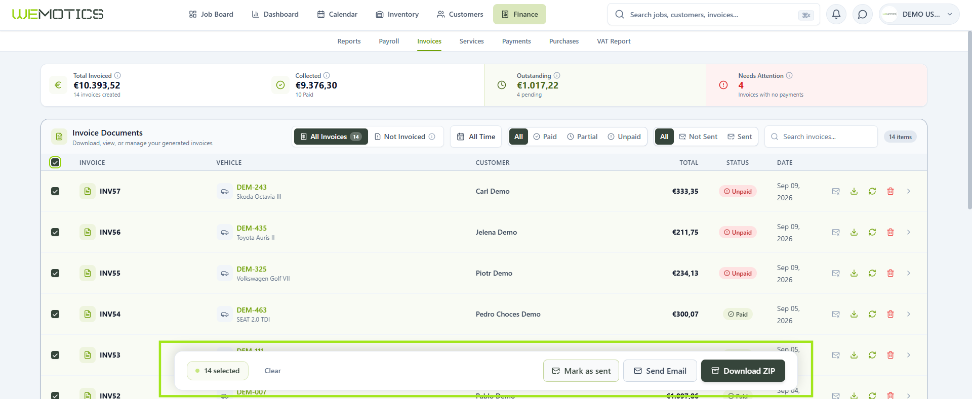 Selected invoices with the action bar showing Mark as sent, Send Email and Download ZIP