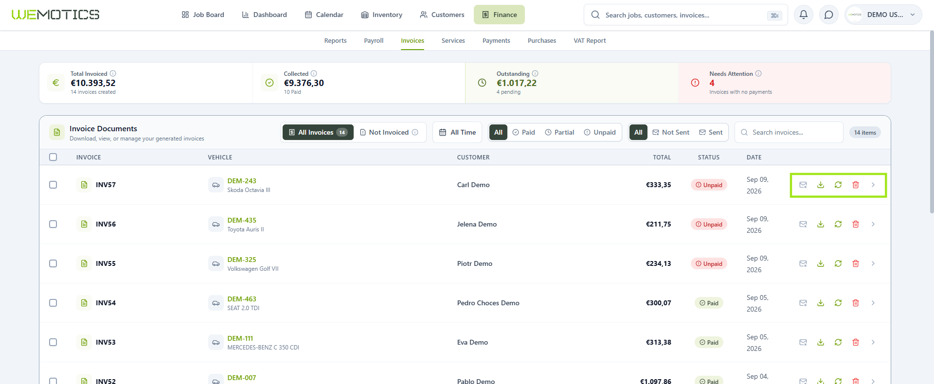 Invoice row action icons for mark as sent, download, refresh, delete and open Job Card