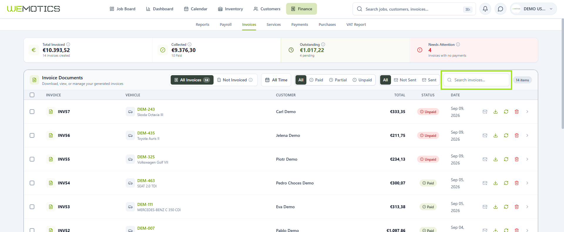 Search invoices field highlighted above the invoice list