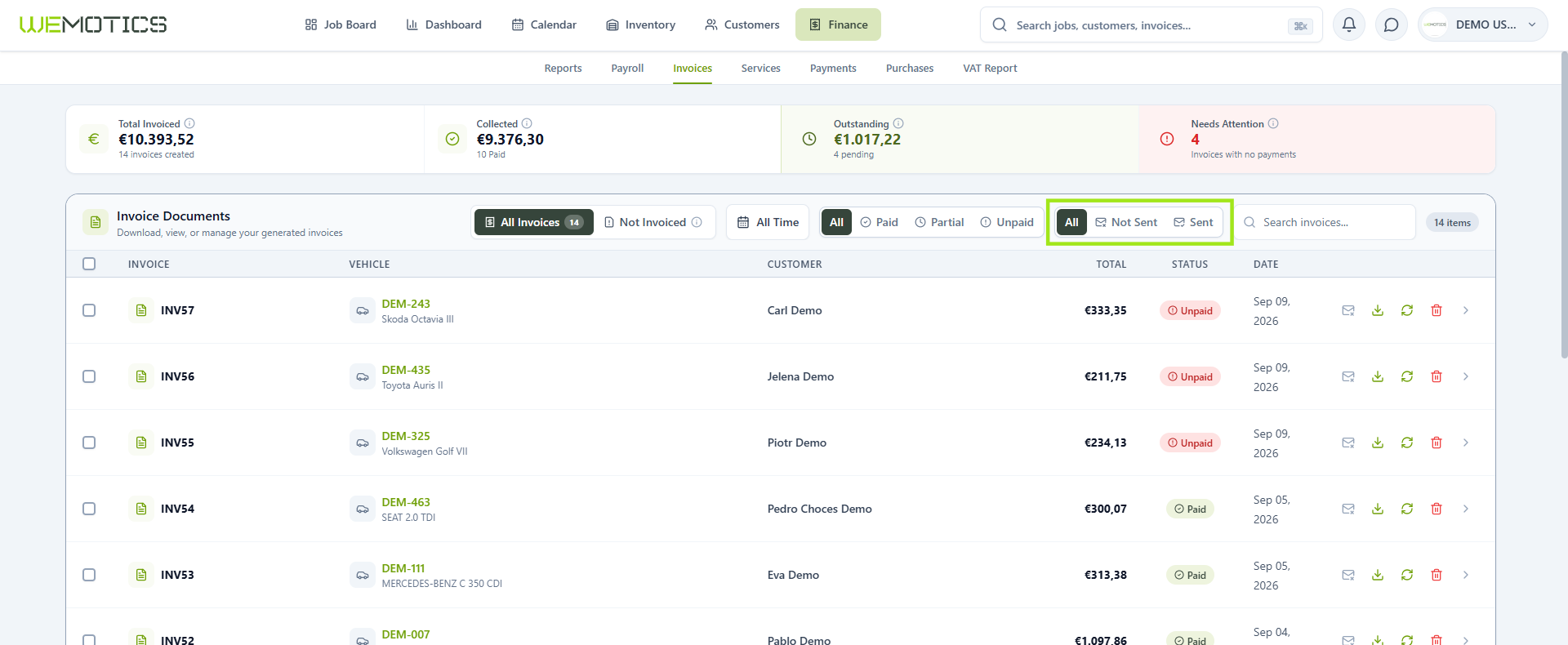 All, Not Sent and Sent filter buttons highlighted above the invoice list