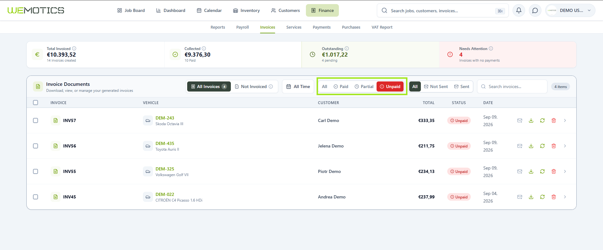 All, Paid, Partial and Unpaid payment status filters highlighted above the invoice list
