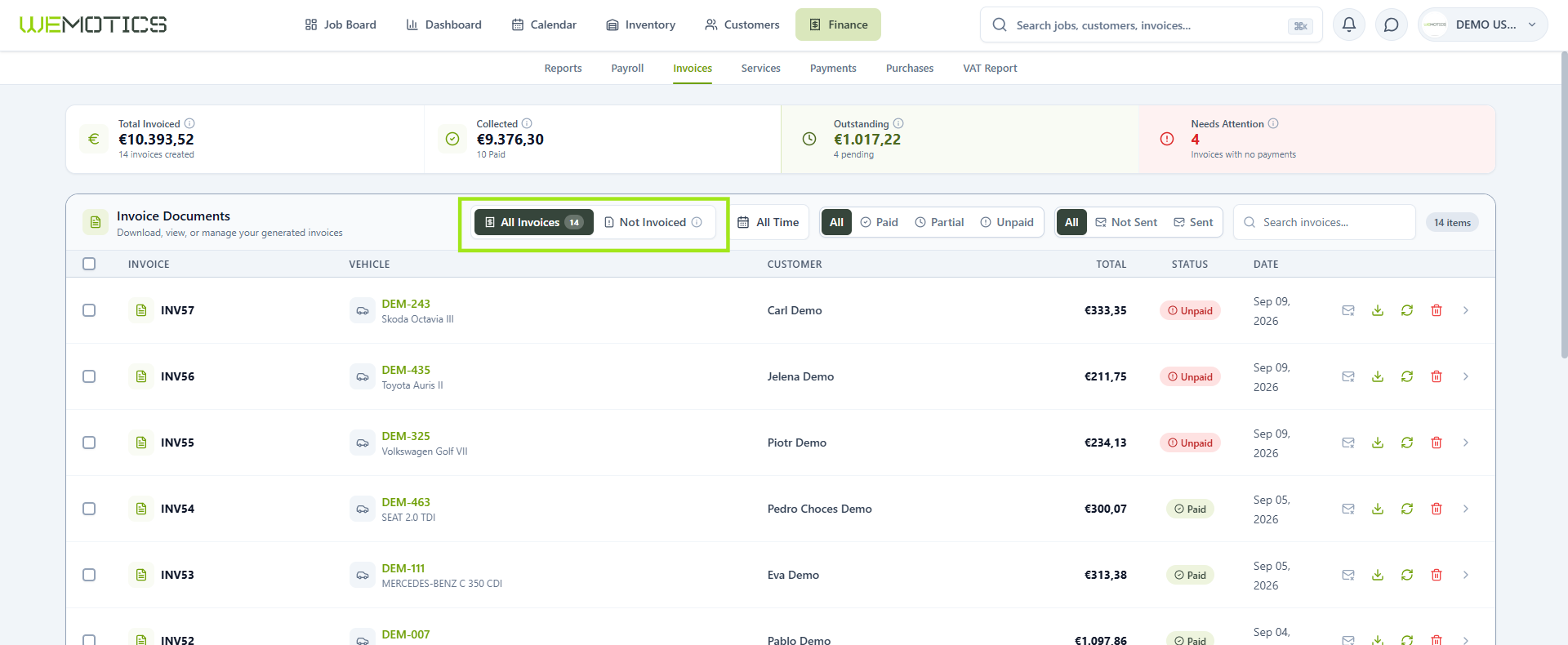 All Invoices and Not Invoiced options highlighted above the invoice list