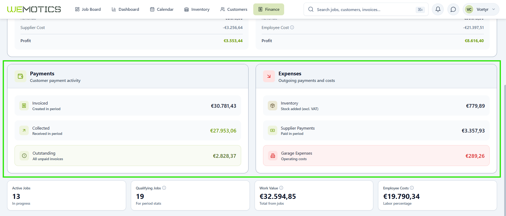 Payments and Expenses cards showing invoiced, collected, outstanding, inventory, supplier payments and garage expenses