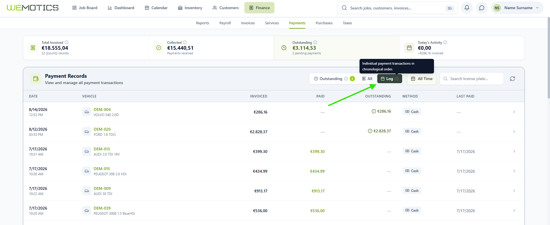 Log view listing individual payment transactions with date and time