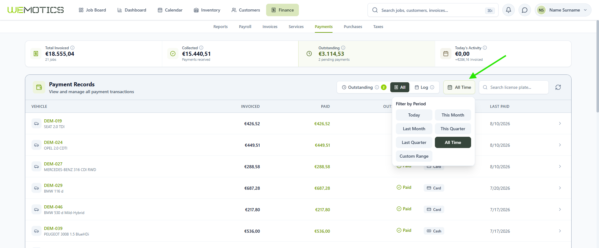 Filter by Period dropdown with Today, This Month, Last Month, This Quarter, Last Quarter, All Time and Custom Range