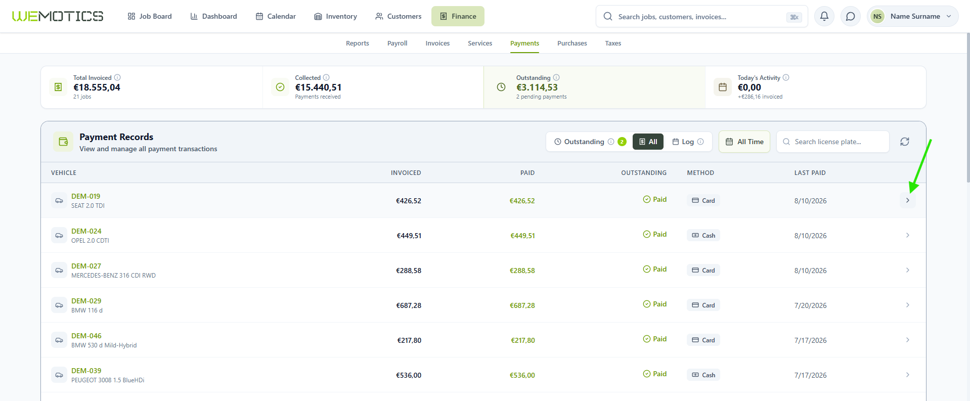 Payment Records row with the arrow that opens the related Job Card highlighted