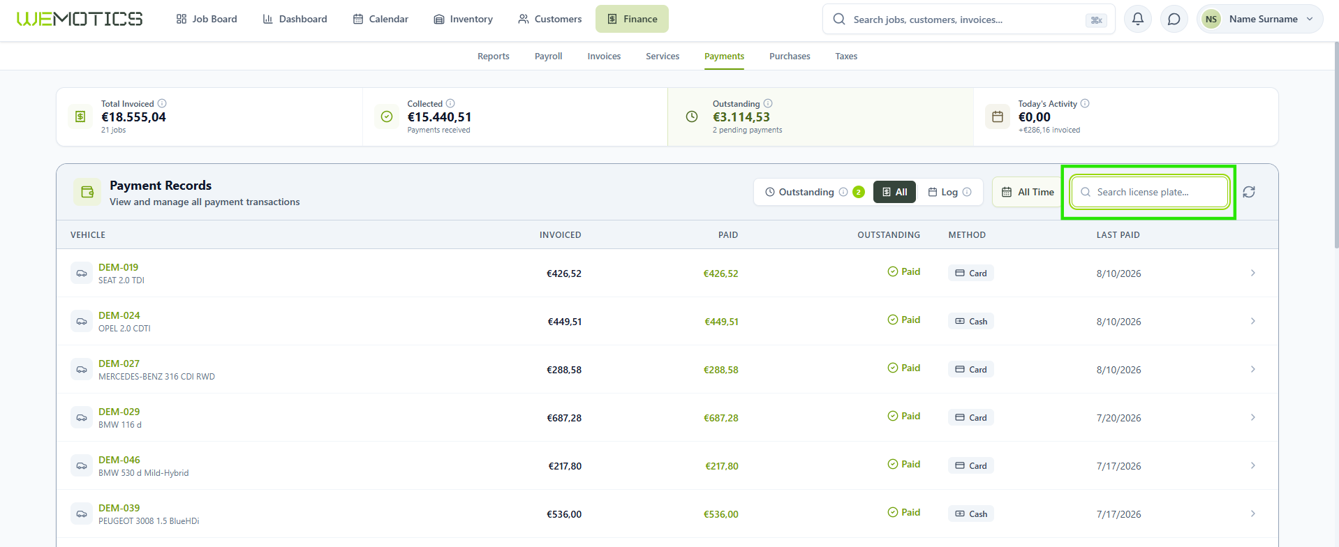Search license plate field highlighted above the Payment Records table