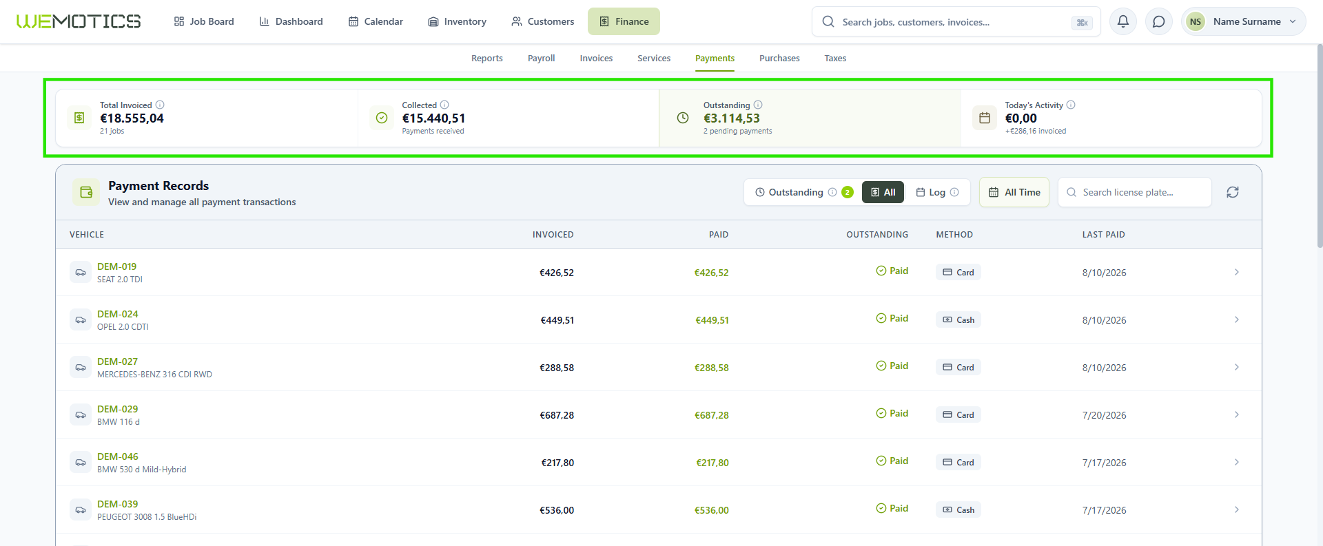 Payments summary cards showing Total Invoiced, Collected, Outstanding and Today's Activity