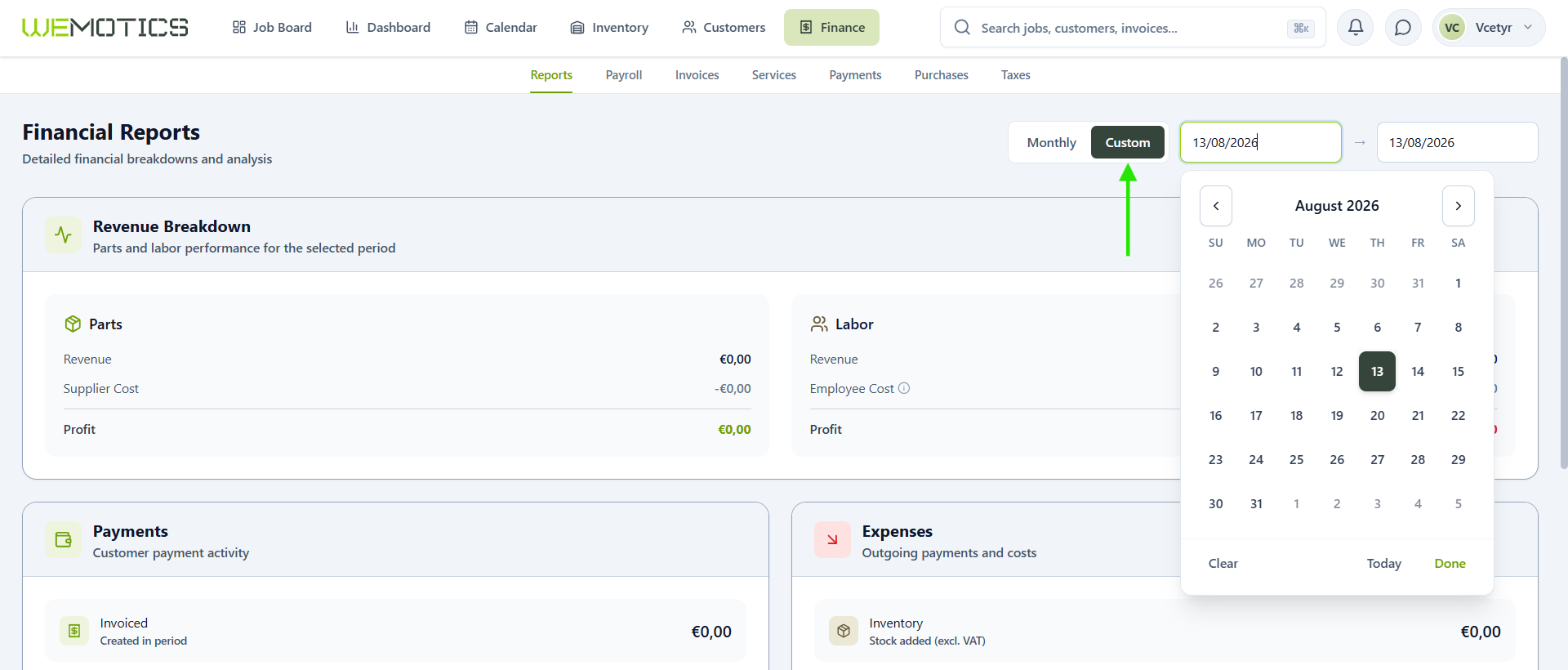 Financial Reports with the Custom period selected and a date picker calendar open