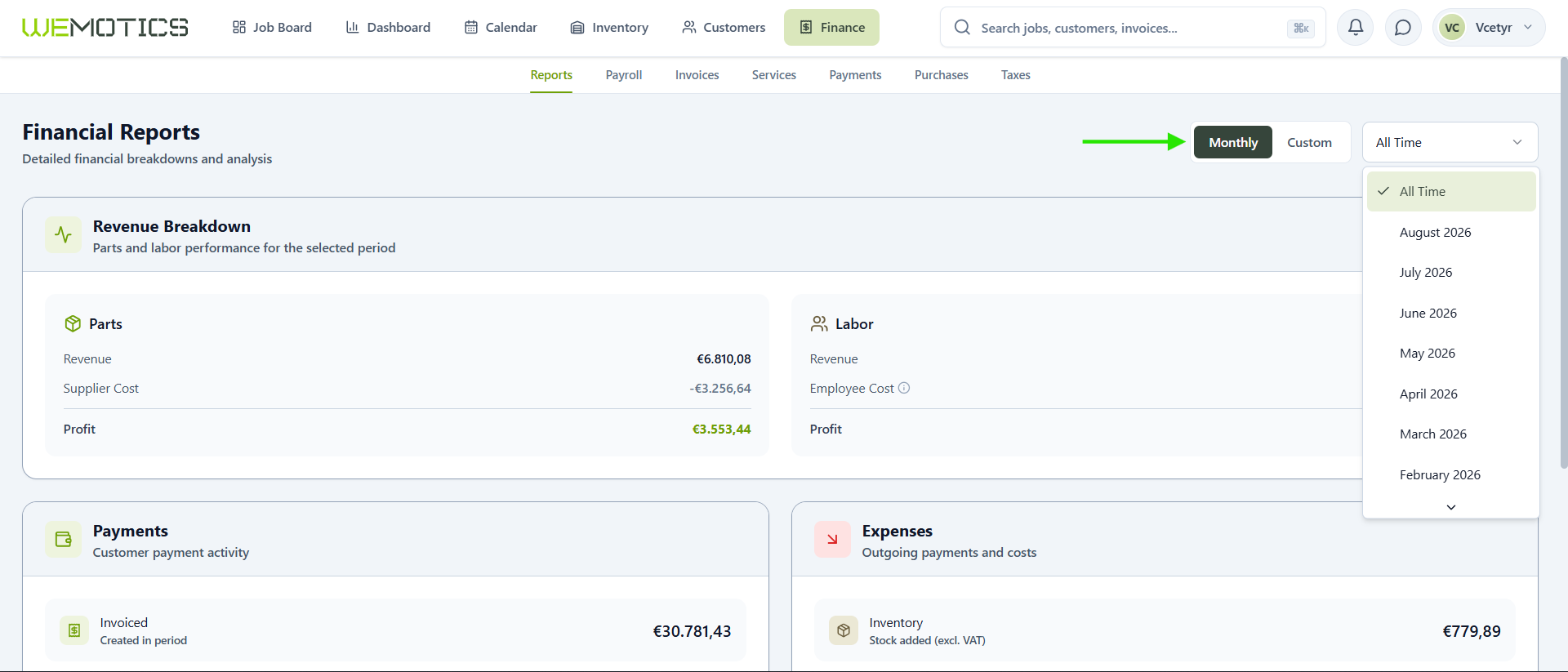 Financial Reports with the Monthly period selector open showing All Time and individual months