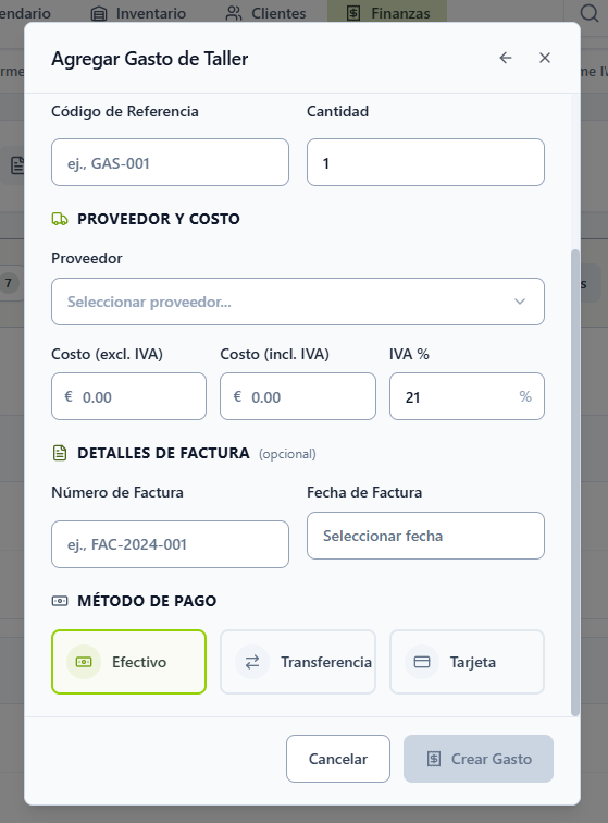 Formulario Agregar Gasto de Taller — detalles de factura y método de pago